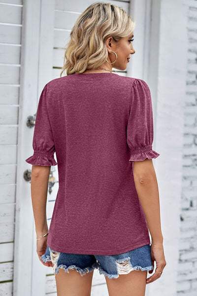 Heathered Notched Short Sleeve T-Shirt Women's T-Shirts - Tophatter Daily Deals