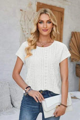 Eyelet Round Neck Rolled Short Sleeve T-Shirt Women's T-Shirts - Tophatter Daily Deals