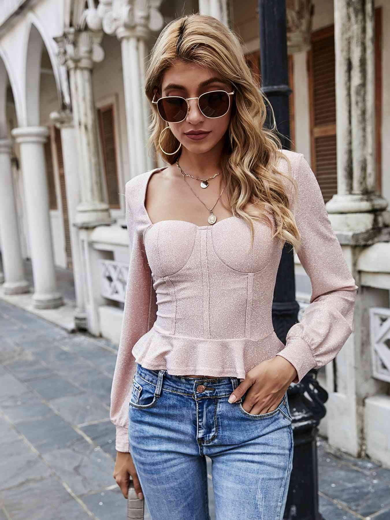 Sweetheart Neck Long Sleeve Blouse Blouses - Tophatter Daily Deals