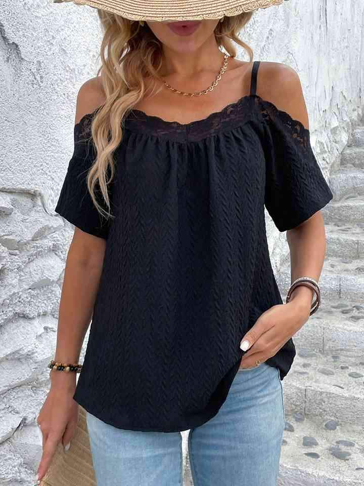 Spaghetti Strap Lace Trim Top Black Blouses - Tophatter Daily Deals