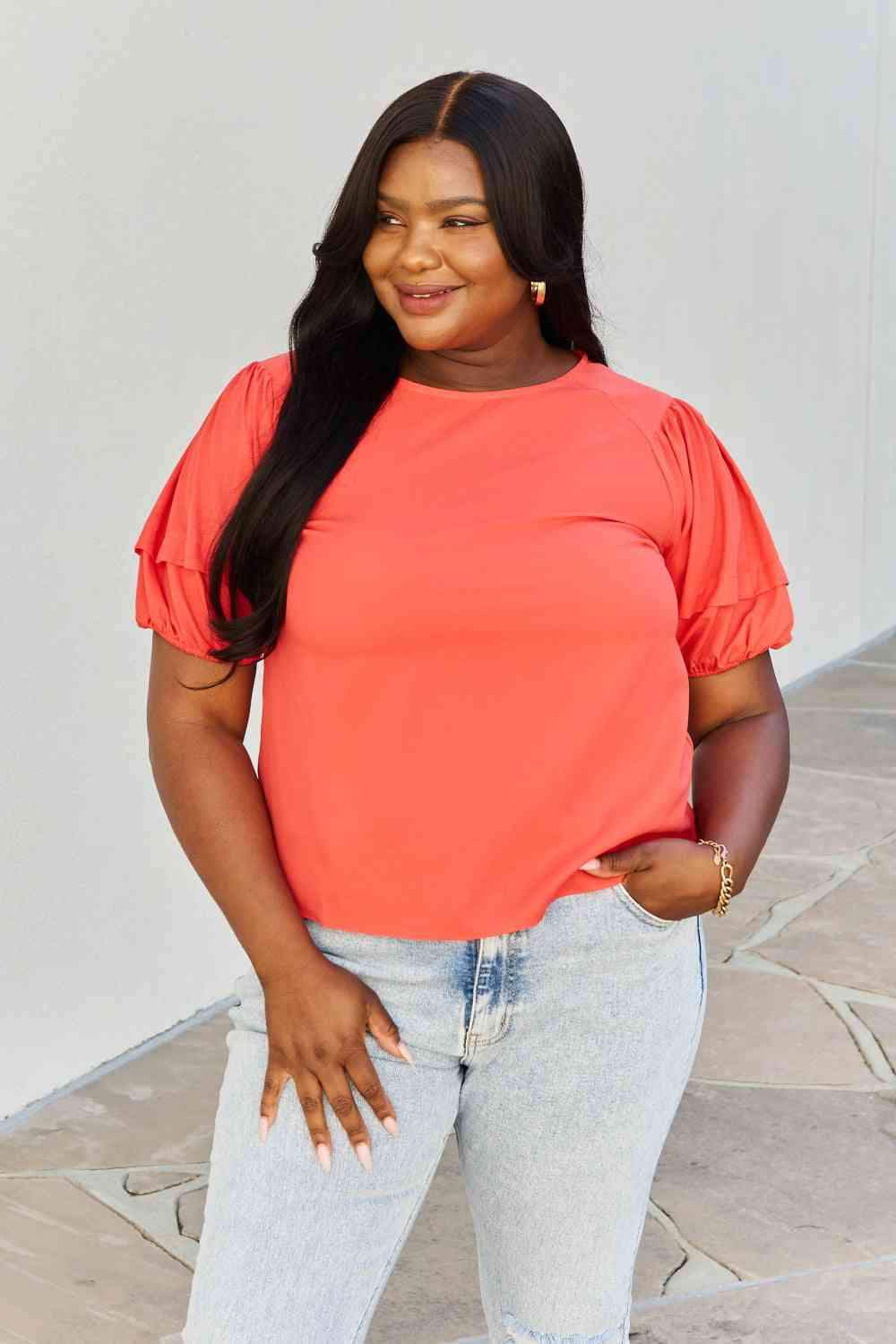 Petal Dew Sweet Innocence Full Size Puff Short Sleeve Top In Tomato Blouses - Tophatter Daily Deals