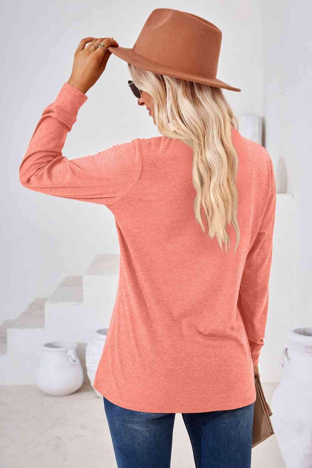 V-Neck Buttoned Long Sleeve Blouse Blouses - Tophatter Daily Deals