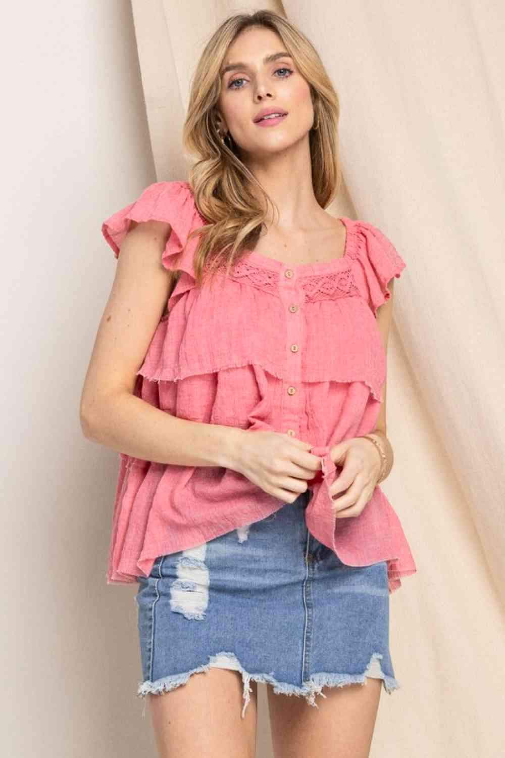 ODDI Full Size Buttoned Ruffled Top Blouses - Tophatter Daily Deals