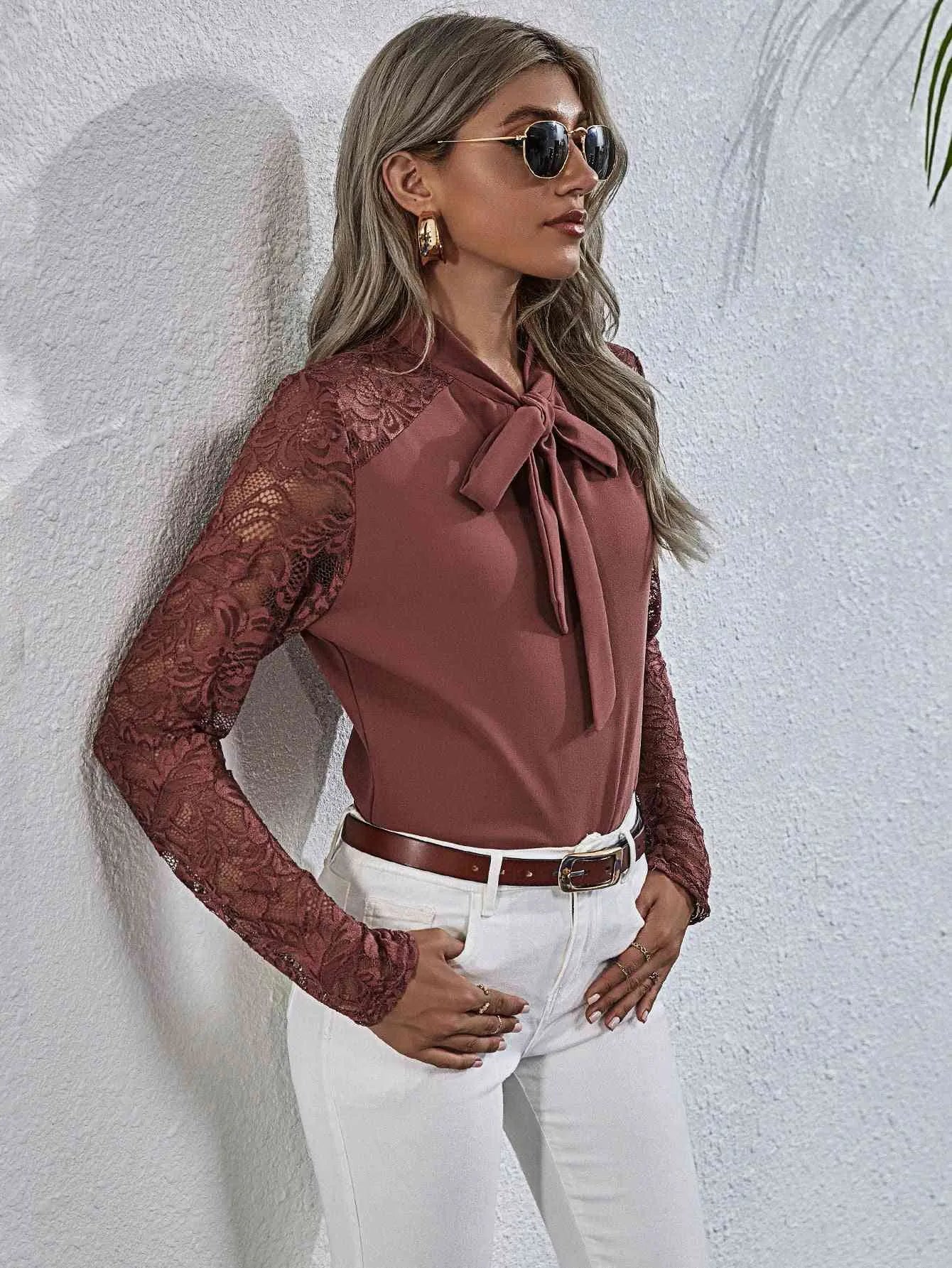 Tie Neck Spliced Lace Long Sleeve Top Blouses - Tophatter Daily Deals