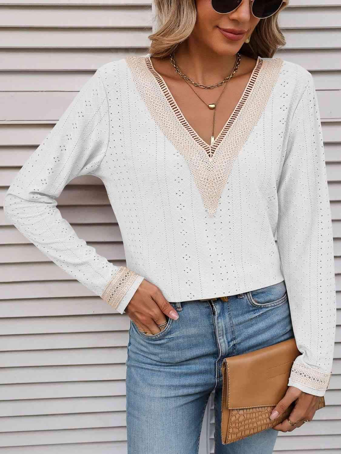 Double Take Contrast V-Neck Eyelet Long Sleeve Top White Blouses - Tophatter Daily Deals