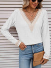 Double Take Contrast V-Neck Eyelet Long Sleeve Top White Blouses - Tophatter Daily Deals