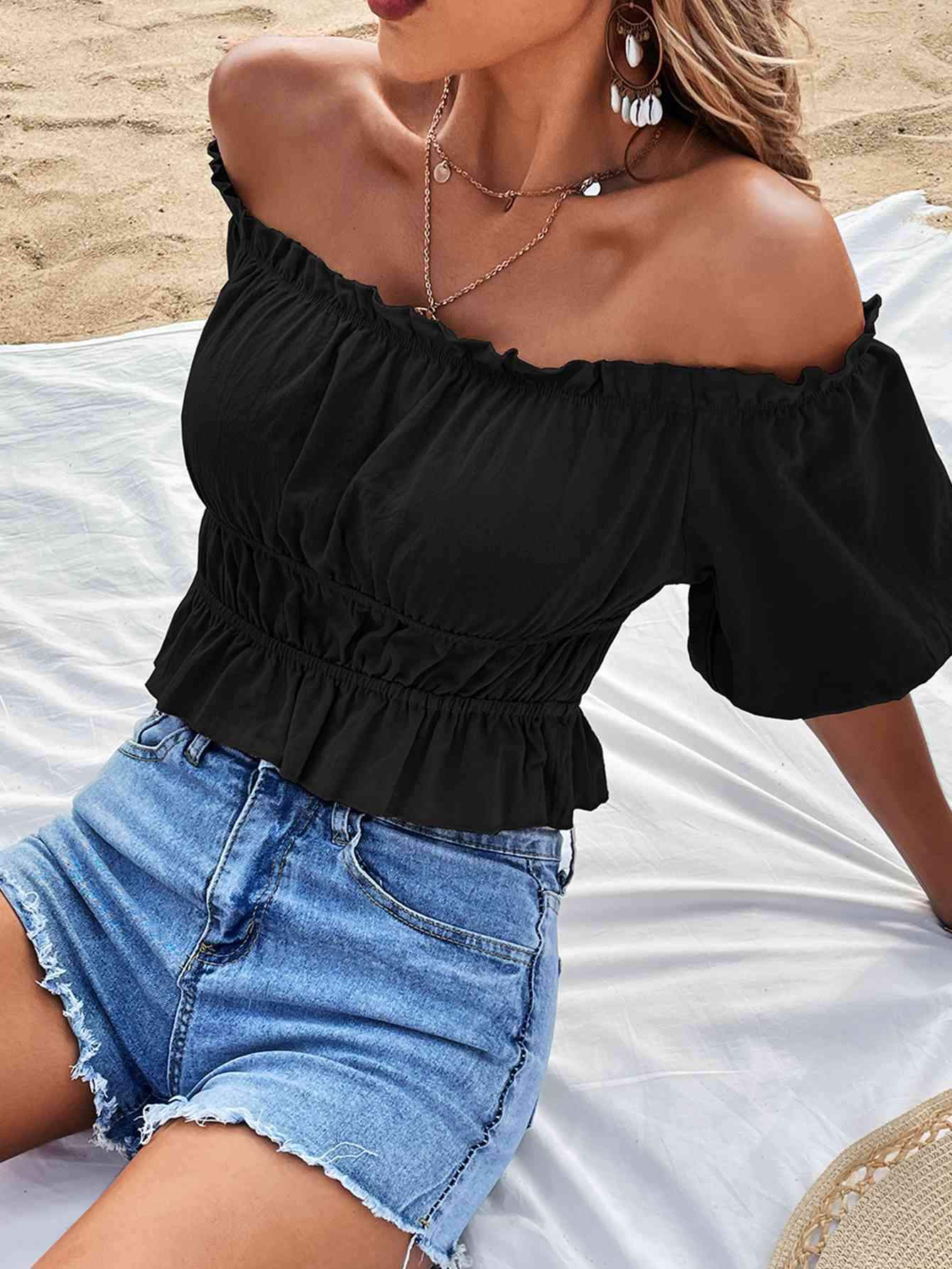 Off-Shoulder Frill Trim Peplum Top Blouses - Tophatter Daily Deals