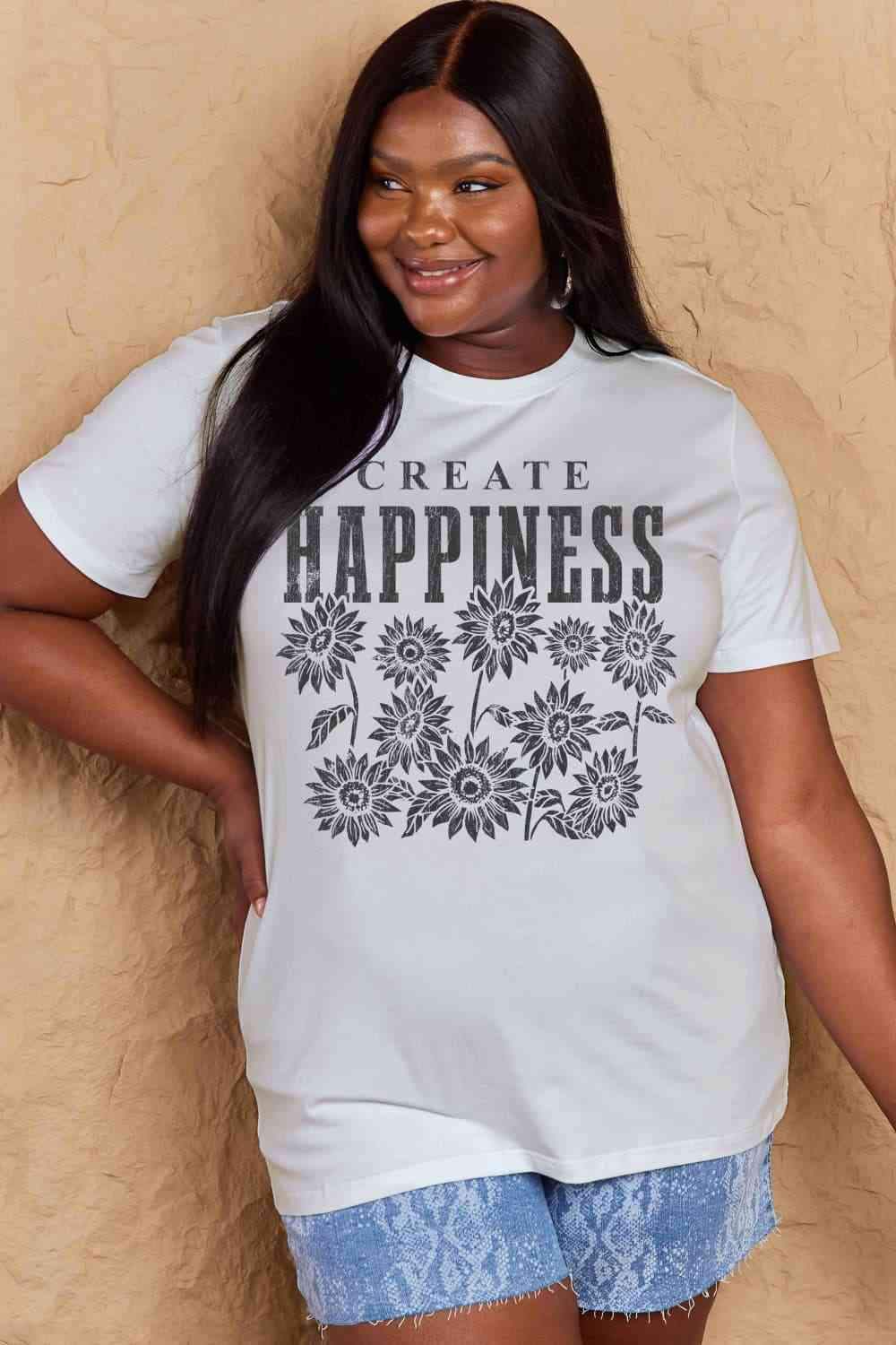 Simply Love Full Size CREATE HAPPINESS Graphic Cotton T-Shirt Women's T-Shirts - Tophatter Daily Deals