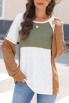 Waffle-Knit Color Block Long Sleeve Top Moss Blouses - Tophatter Daily Deals