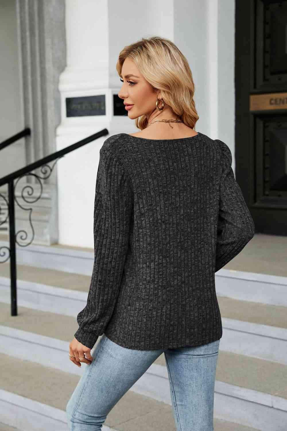 Ribbed Square Neck Long Sleeve T-Shirt Women's T-Shirts - Tophatter Daily Deals