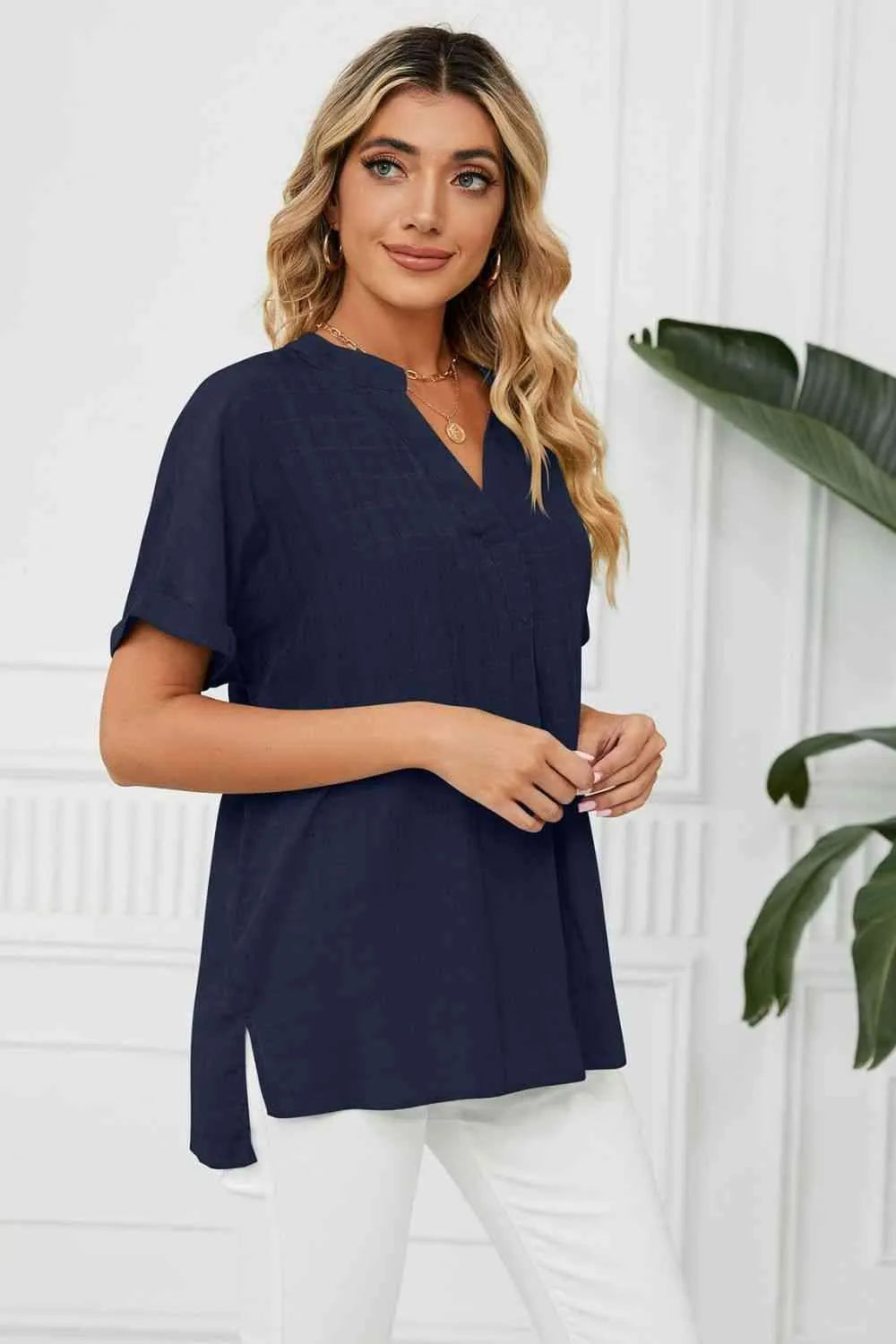 Side Slit Notched Neck Cuffed Short Sleeve Blouse Blouses - Tophatter Daily Deals