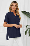 Side Slit Notched Neck Cuffed Short Sleeve Blouse - Tophatter Deals