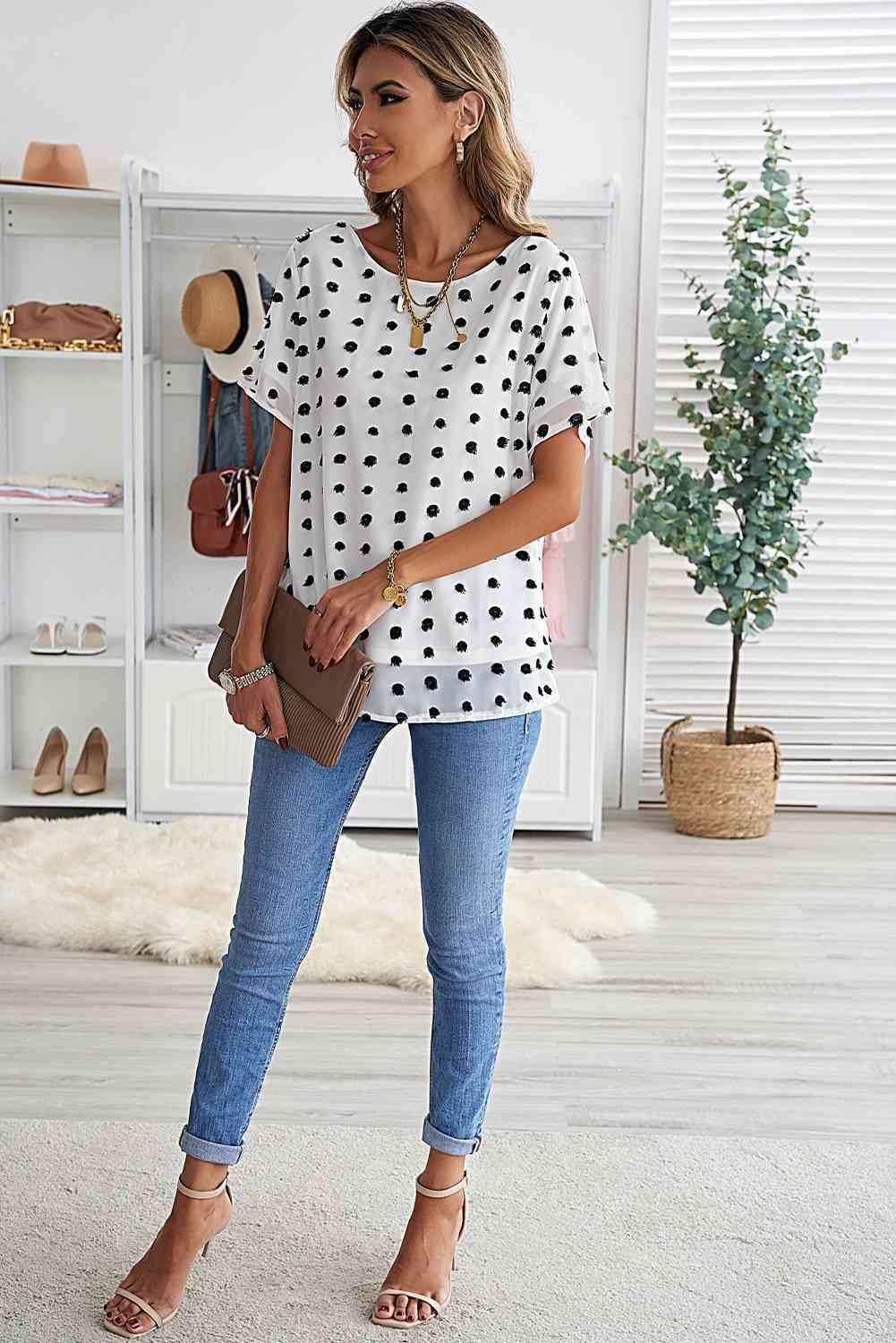 Swiss Dot Round Neck Blouse Blouses - Tophatter Daily Deals