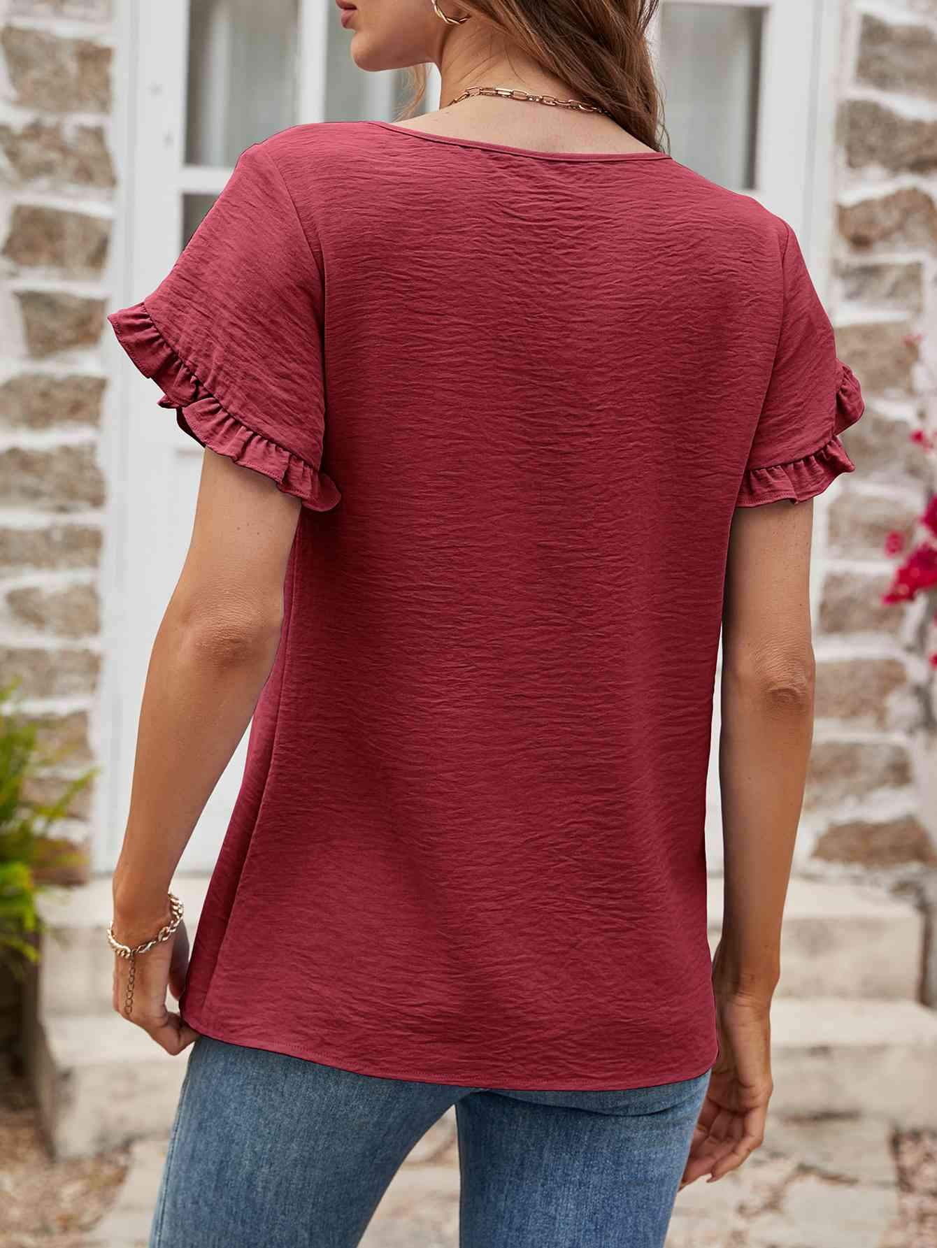 Textured Petal Sleeve Round Neck Tee Women's T-Shirts - Tophatter Daily Deals