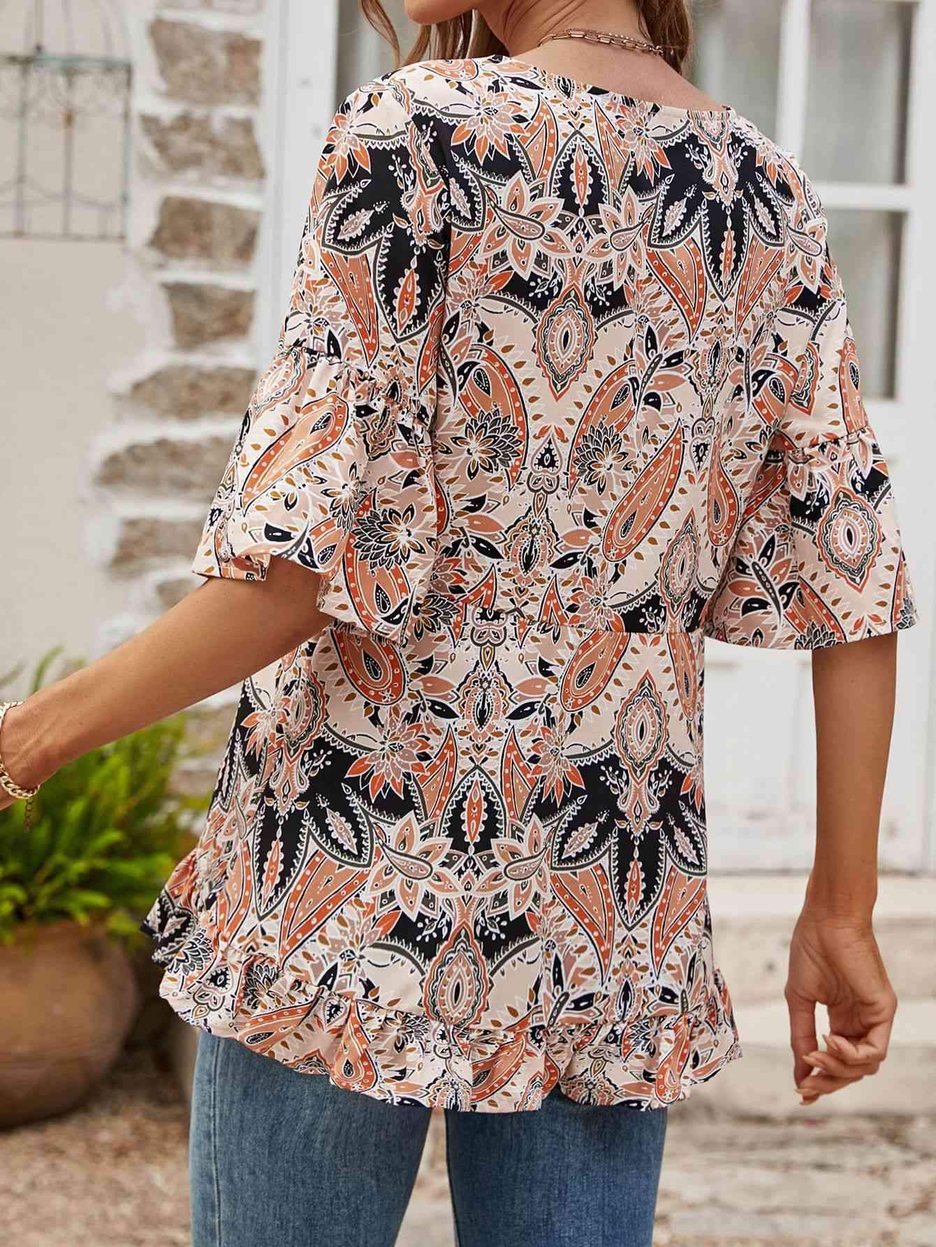 Printed Flounce Sleeve Ruffle Hem Blouse Blouses - Tophatter Daily Deals