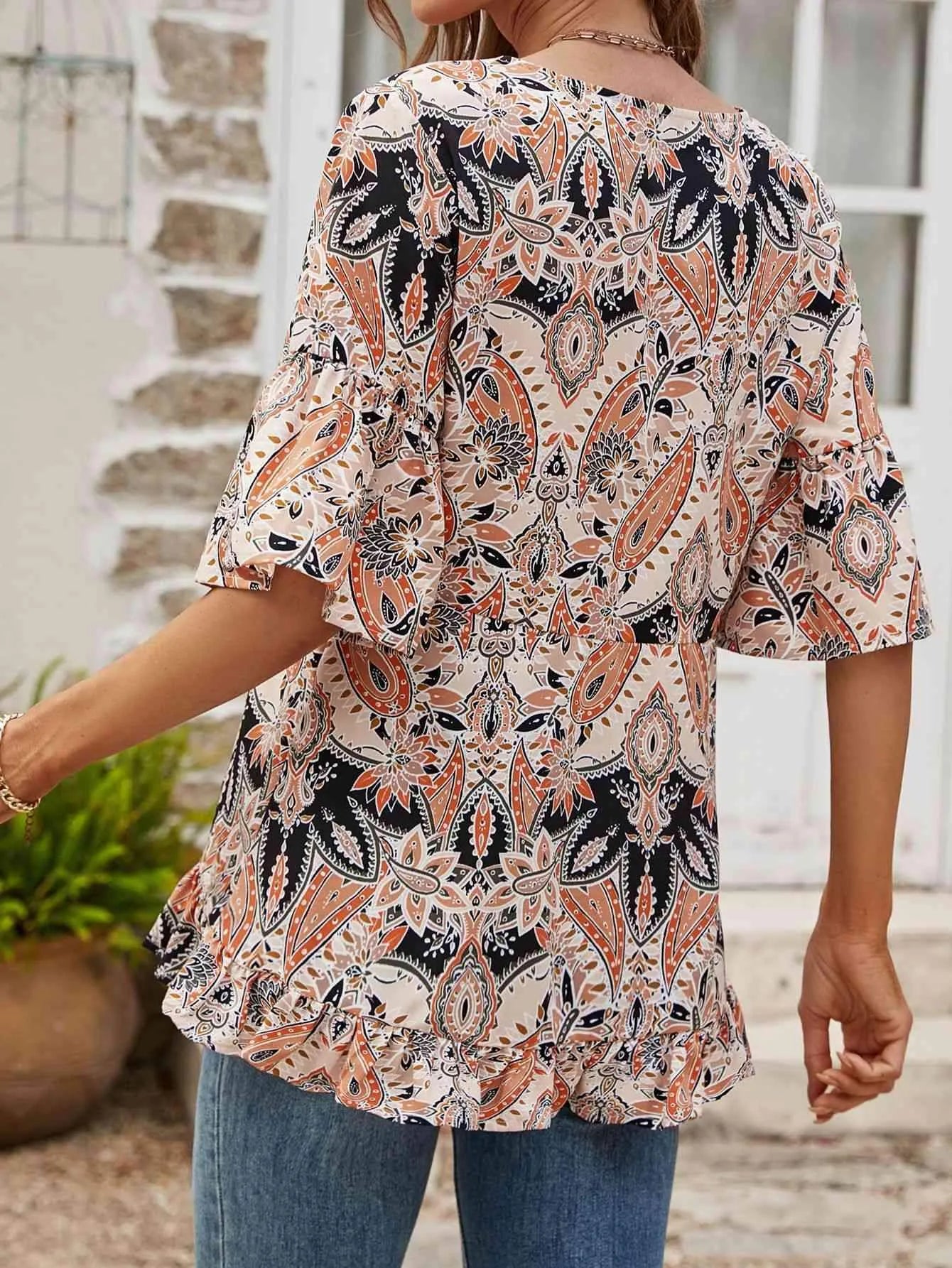 Printed Flounce Sleeve Ruffle Hem Blouse Blouses - Tophatter Daily Deals