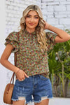 Floral Ruffle Collar Flutter Sleeve Blouse Army Green Blouses - Tophatter Daily Deals