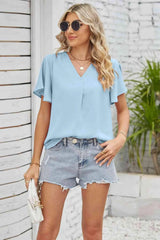 V-Neck Flutter Sleeve Blouse Aqua Blouses - Tophatter Daily Deals