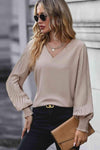 Pleated Lantern Sleeve V-Neck Blouse Blouses - Tophatter Daily Deals