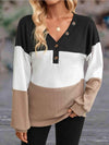 Color Block V-Neck Decorative Button Blouse Black Blouses - Tophatter Daily Deals