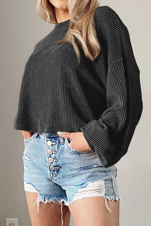 Round Neck Drop Shoulder Long Sleeve Top Blouses - Tophatter Daily Deals