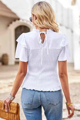 Smocked Tie Back Flutter Sleeve Blouse Blouses - Tophatter Daily Deals