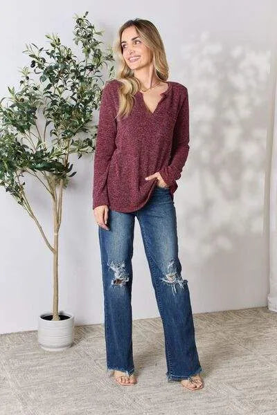 Heimish Full Size Notched Long Sleeve Top Blouses - Tophatter Daily Deals