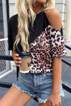 Spliced Leopard Cold-Shoulder Tee Black Women's T-Shirts - Tophatter Daily Deals