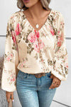 Floral V-Neck Balloon Sleeve Blouse Beige Blouses - Tophatter Daily Deals