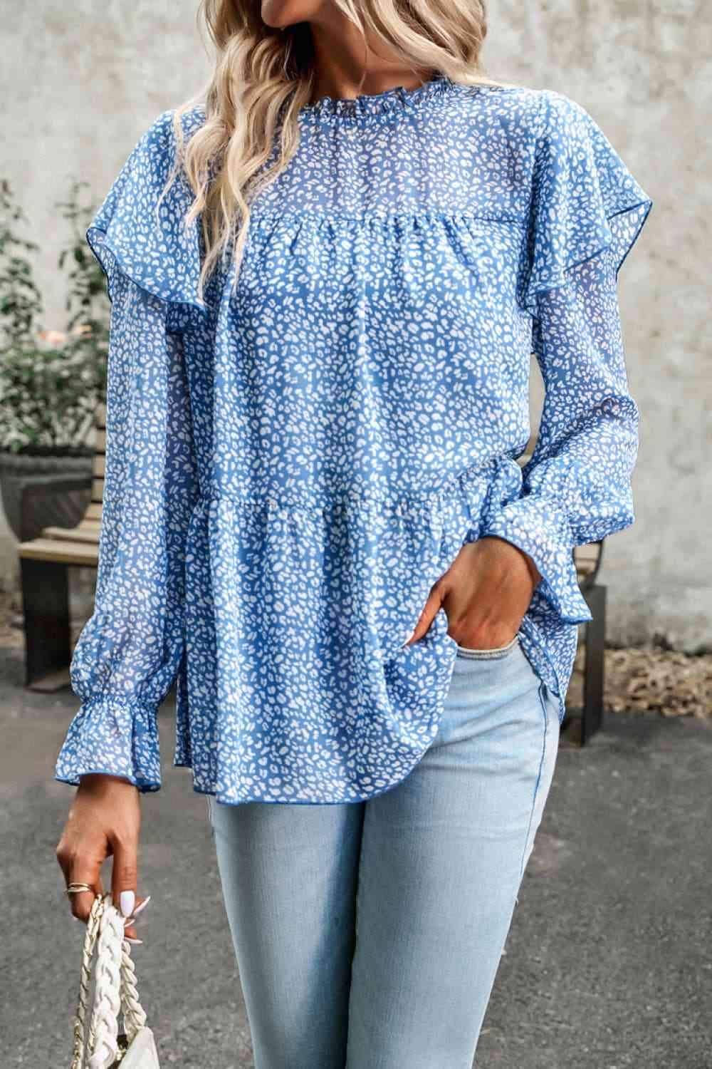 Printed Round Neck Flounce Sleeve Blouse Sky Blue Blouses - Tophatter Daily Deals