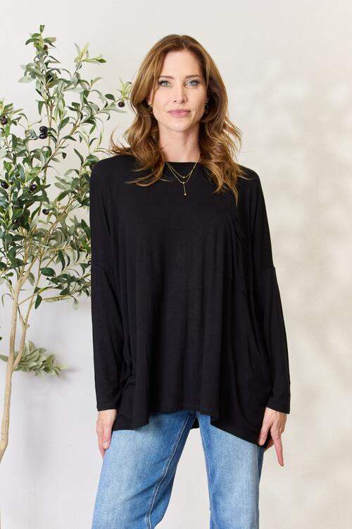 Zenana Full Size Round Neck Long Sleeve Top with Pocket Black Blouses - Tophatter Daily Deals