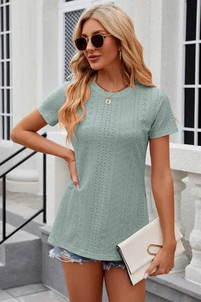 Eyelet Slit Round Neck Short Sleeve T-Shirt Women's T-Shirts - Tophatter Daily Deals