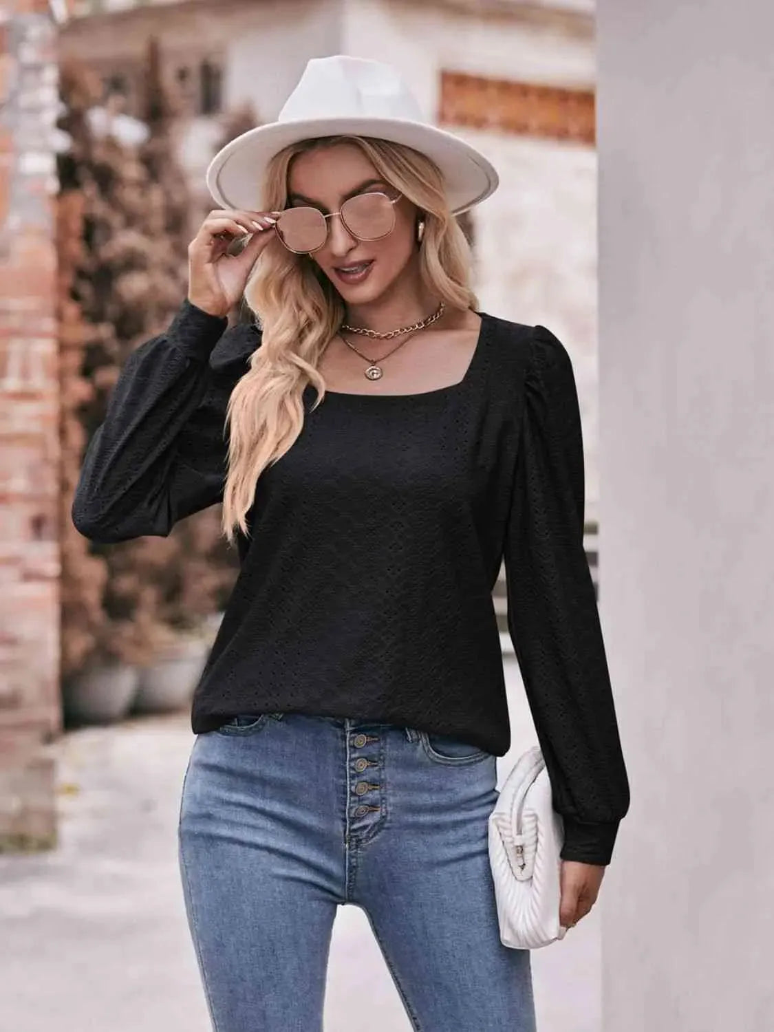 Double Take Eyelet Square Neck Puff Sleeve Blouse Blouses - Tophatter Daily Deals