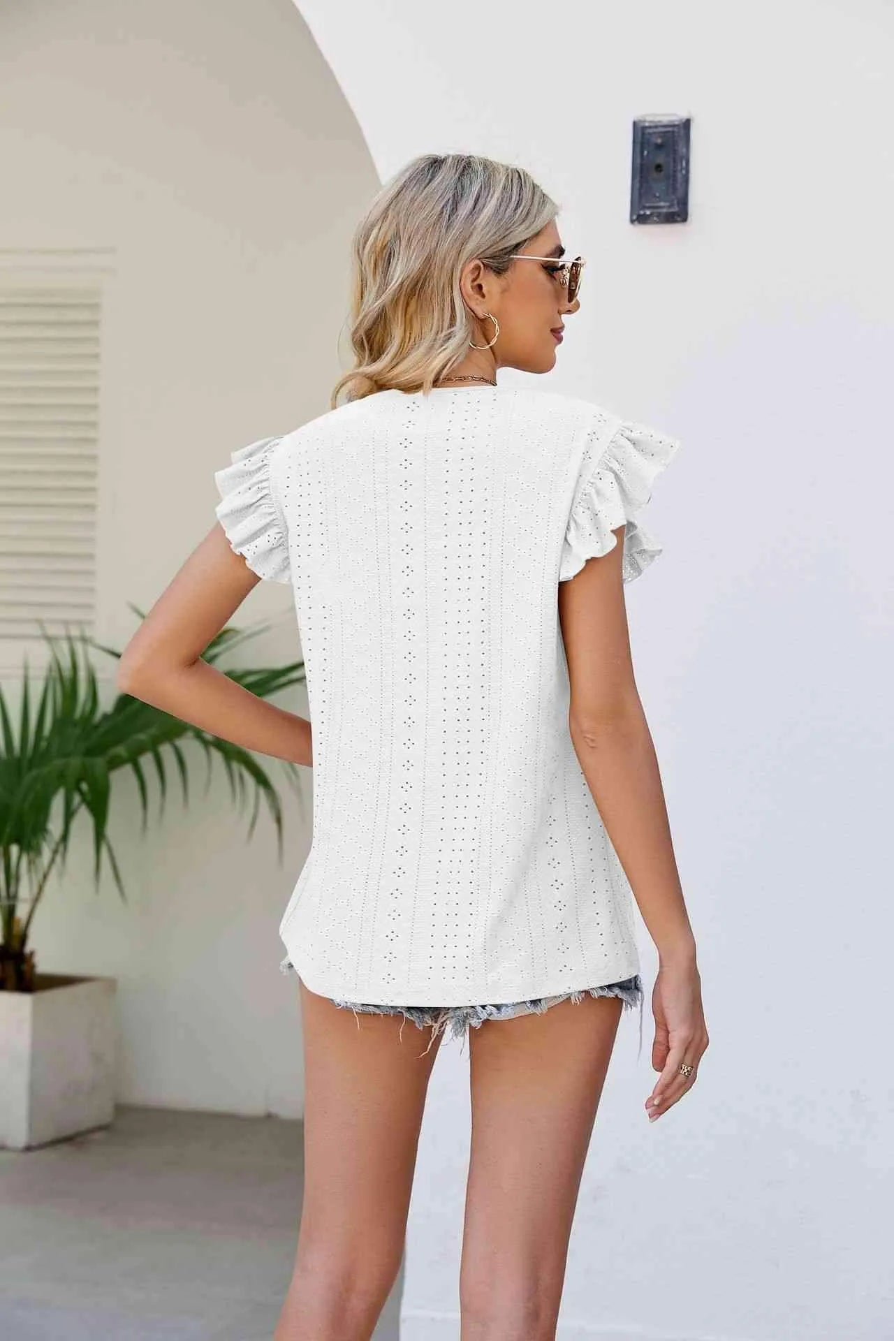 Smocked Round Neck Flutter Sleeve Top Blouses - Tophatter Daily Deals