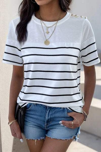 Decorative Button Striped Short Sleeve T-Shirt Women's T-Shirts - Tophatter Daily Deals