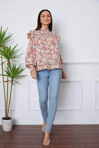 Floral Smocked Lantern Sleeve Ruffled Blouse Blouses - Tophatter Daily Deals