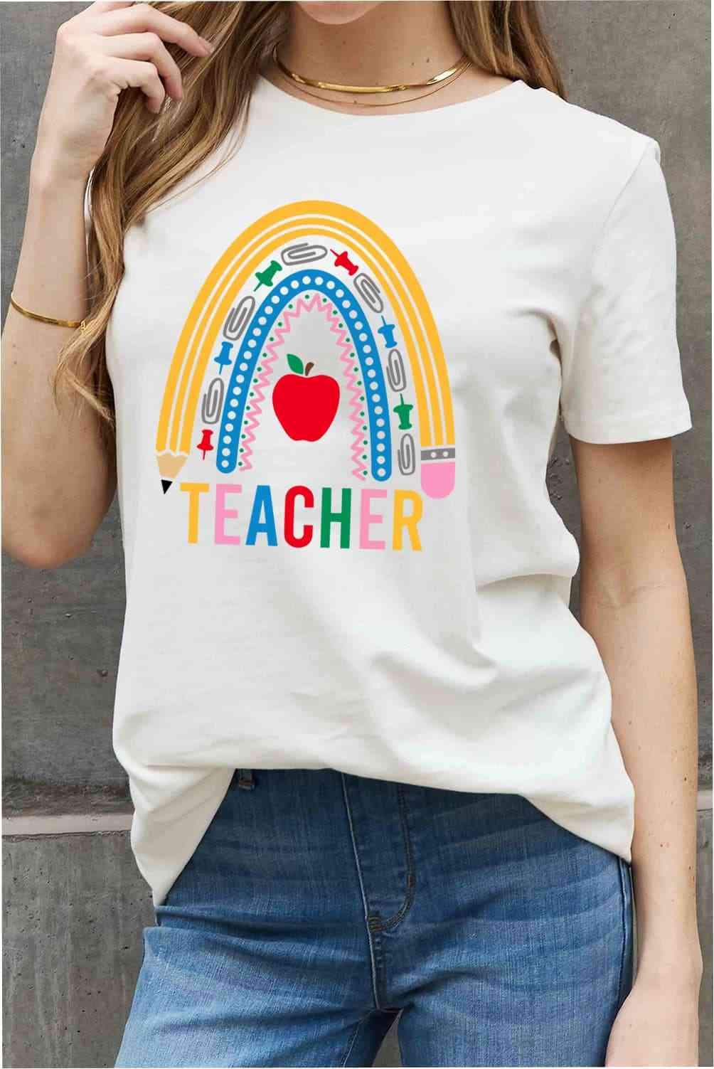 Simply Love Full Size TEACHER Rainbow Graphic Cotton Tee Women's T-Shirts - Tophatter Daily Deals