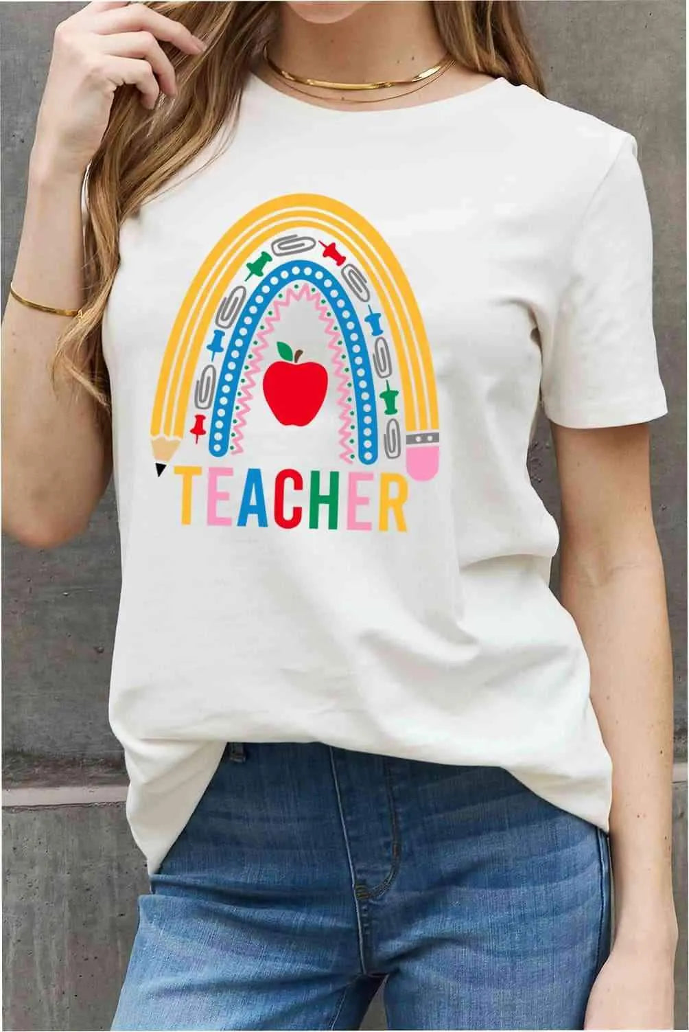 Simply Love Full Size TEACHER Rainbow Graphic Cotton Tee Women's T-Shirts - Tophatter Daily Deals