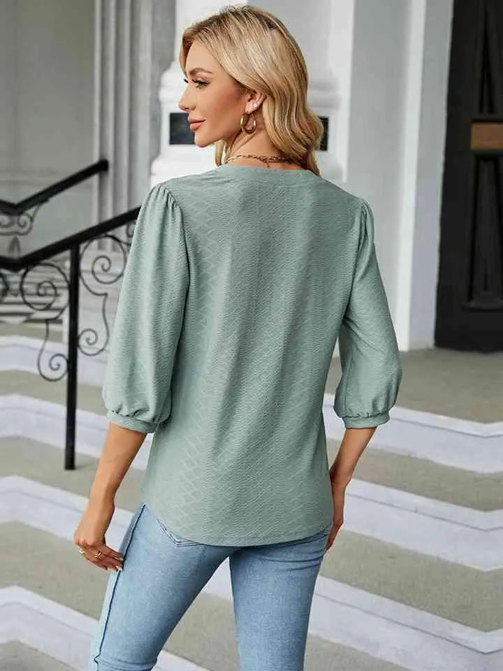 Notched Neck Three-Quarter Sleeve Blouse Women's T-Shirts - Tophatter Daily Deals