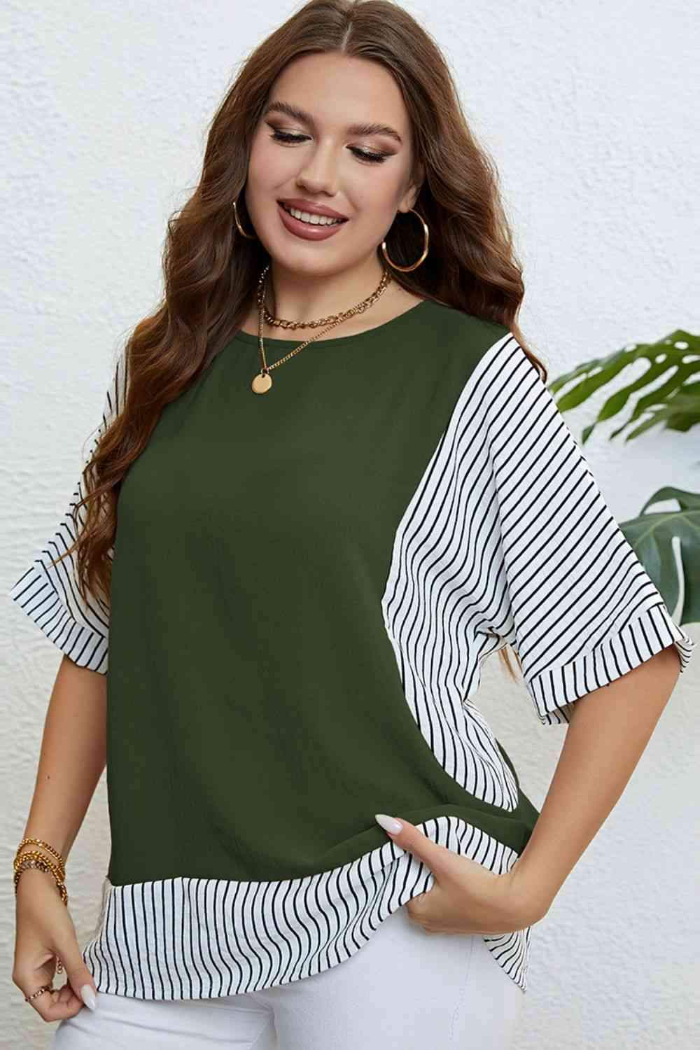 Plus Size Striped Round Neck Half Sleeve Top Blouses - Tophatter Daily Deals