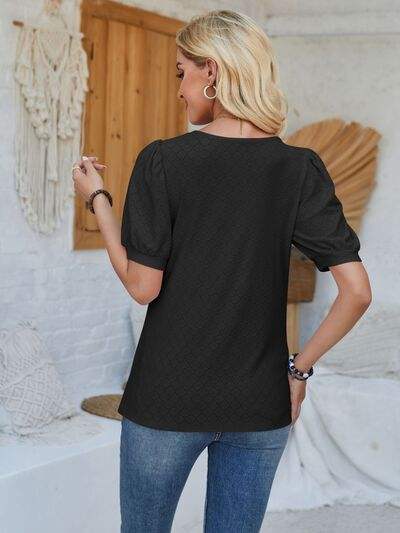 Eyelet Asymmetrical Neck Short Sleeve T-Shirt Women's T-Shirts - Tophatter Daily Deals