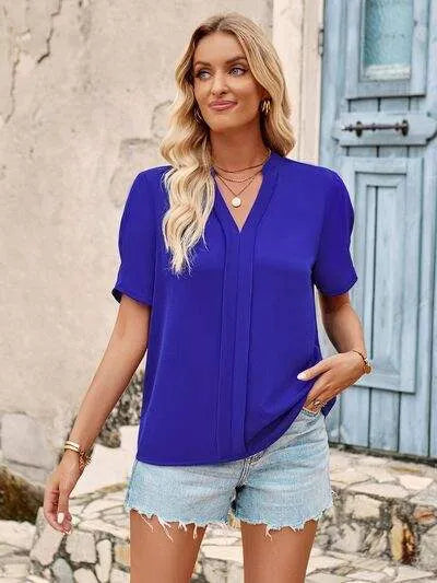 V-Neck Short Sleeve Blouse Blouses - Tophatter Daily Deals