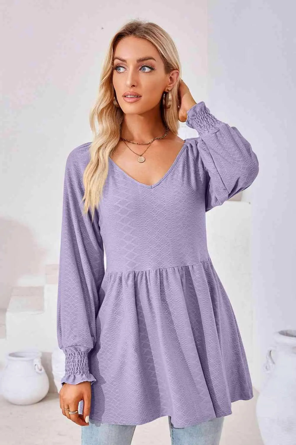 V-Neck Lantern Sleeve Blouse Blouses - Tophatter Daily Deals