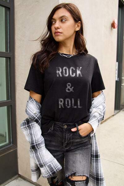 Simply Love Full Size ROCK & ROLL Short Sleeve T-Shirt Black Women's T-Shirts - Tophatter Daily Deals