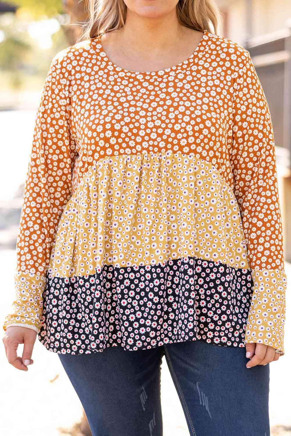 Plus Size Floral Color Block Babydoll Top Blouses - Tophatter Daily Deals