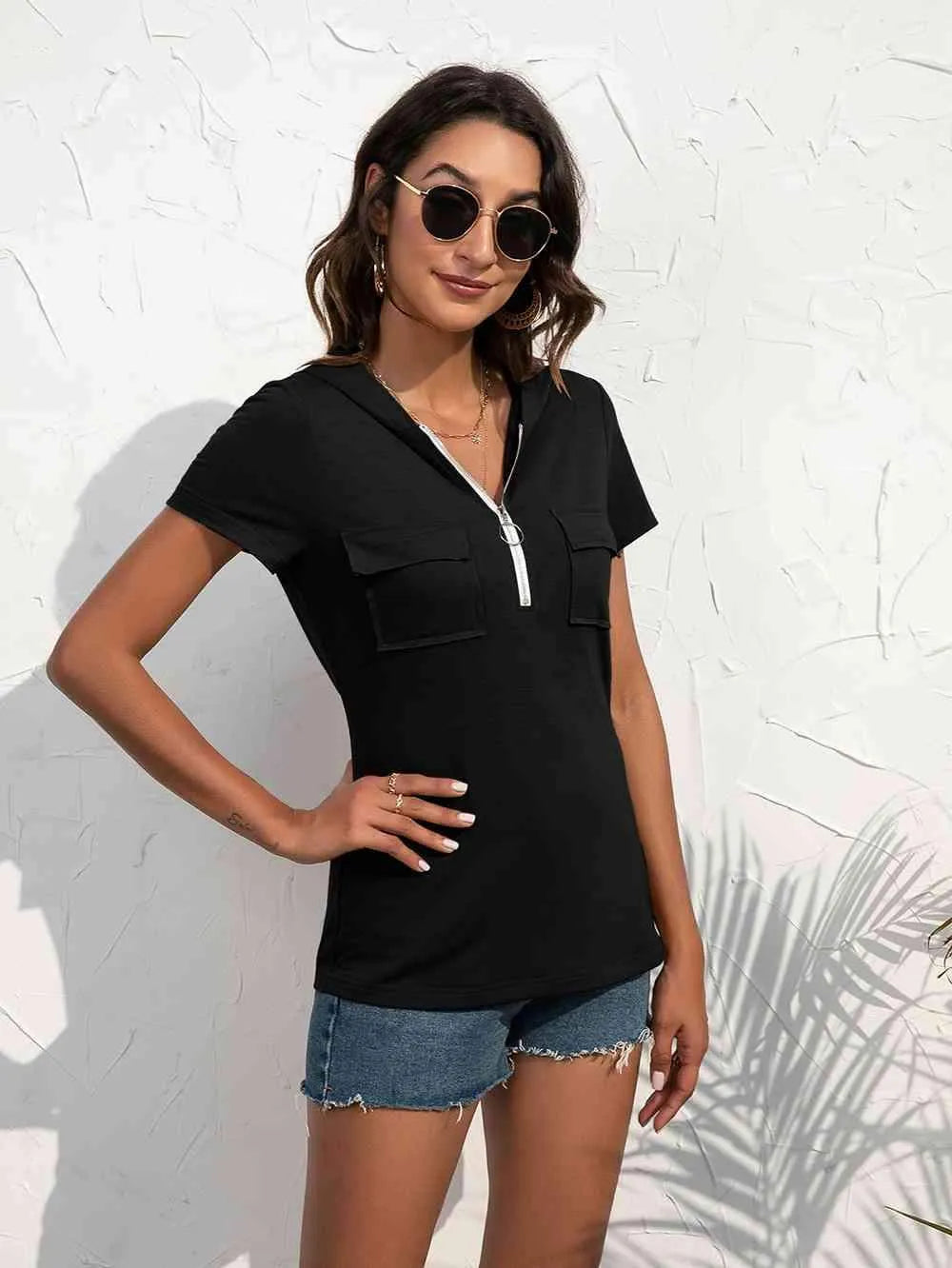 Half-Zip Short Sleeve Hooded Top Black Blouses - Tophatter Daily Deals