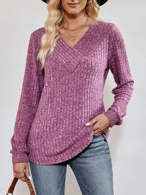 V-Neck Ribbed Long Sleeve Top Lilac Blouses - Tophatter Daily Deals