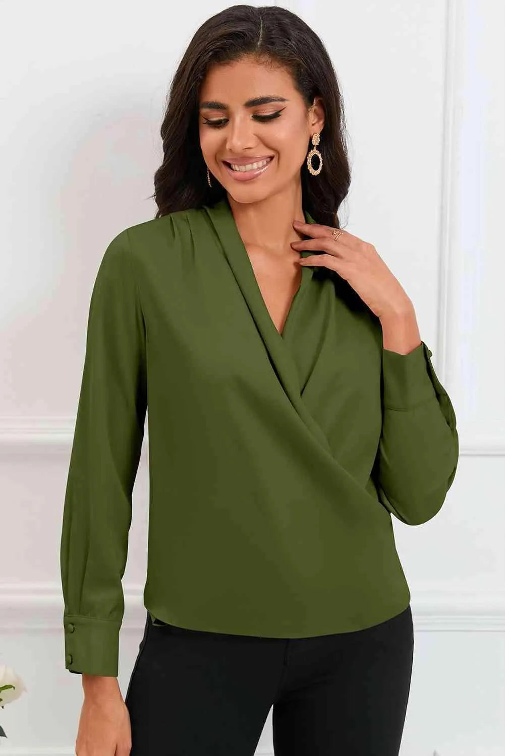 V-Neck Buttoned Long Sleeve Blouse Blouses - Tophatter Daily Deals