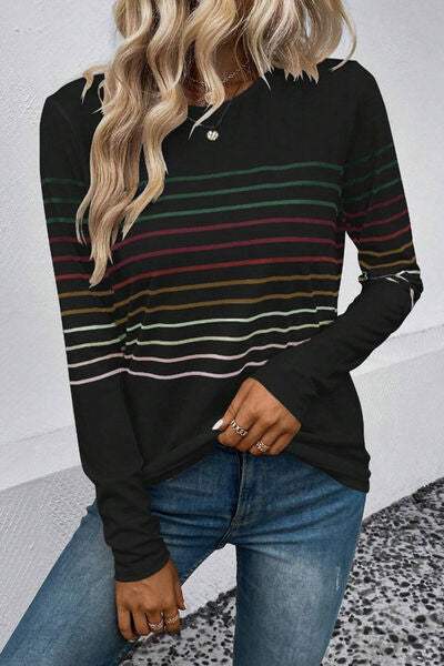 Striped Round Neck Long Sleeve T-Shirt Women's T-Shirts - Tophatter Daily Deals