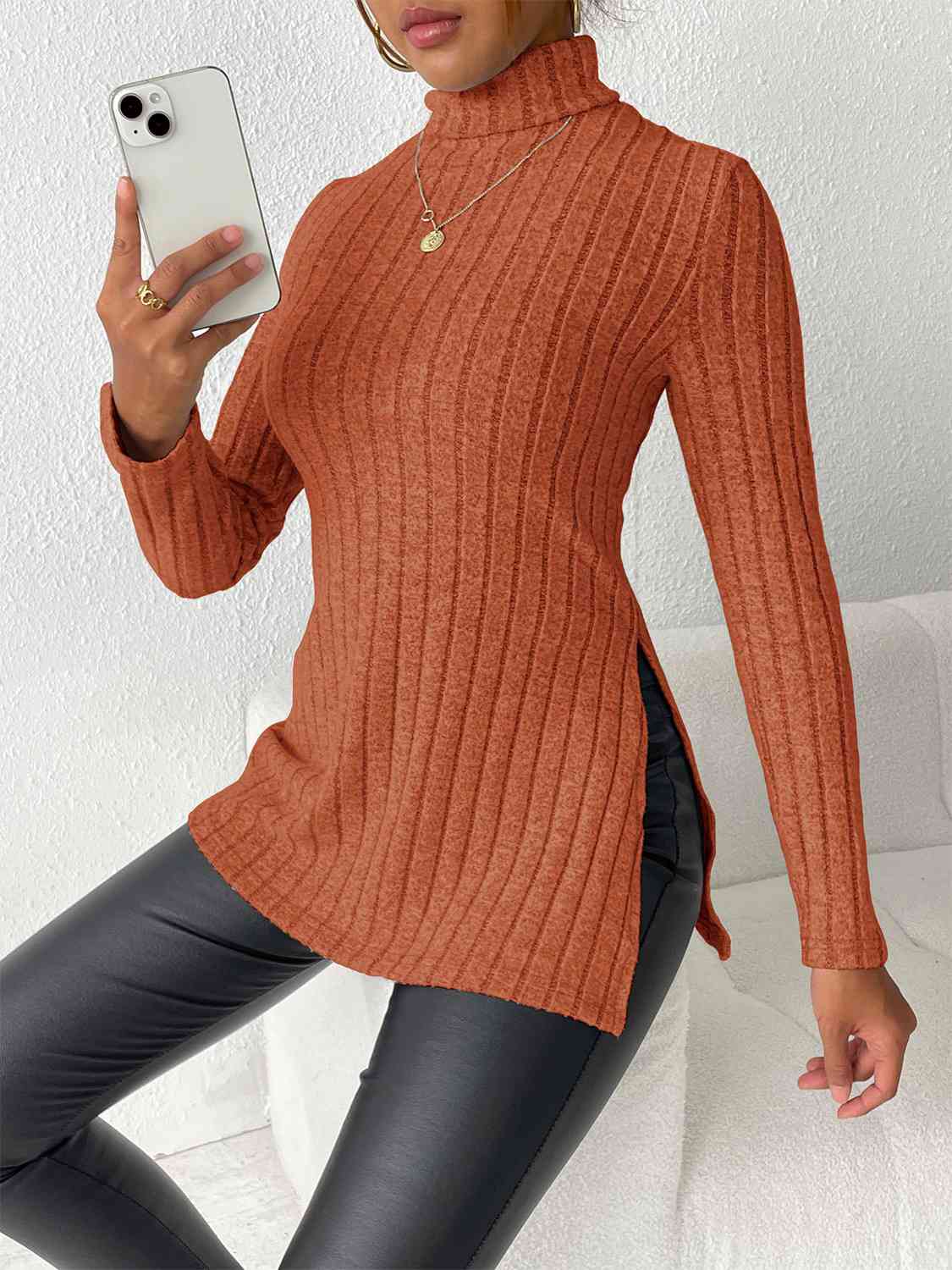 Ribbed Turtleneck Long Sleeve Slit T-Shirt Women's T-Shirts - Tophatter Daily Deals